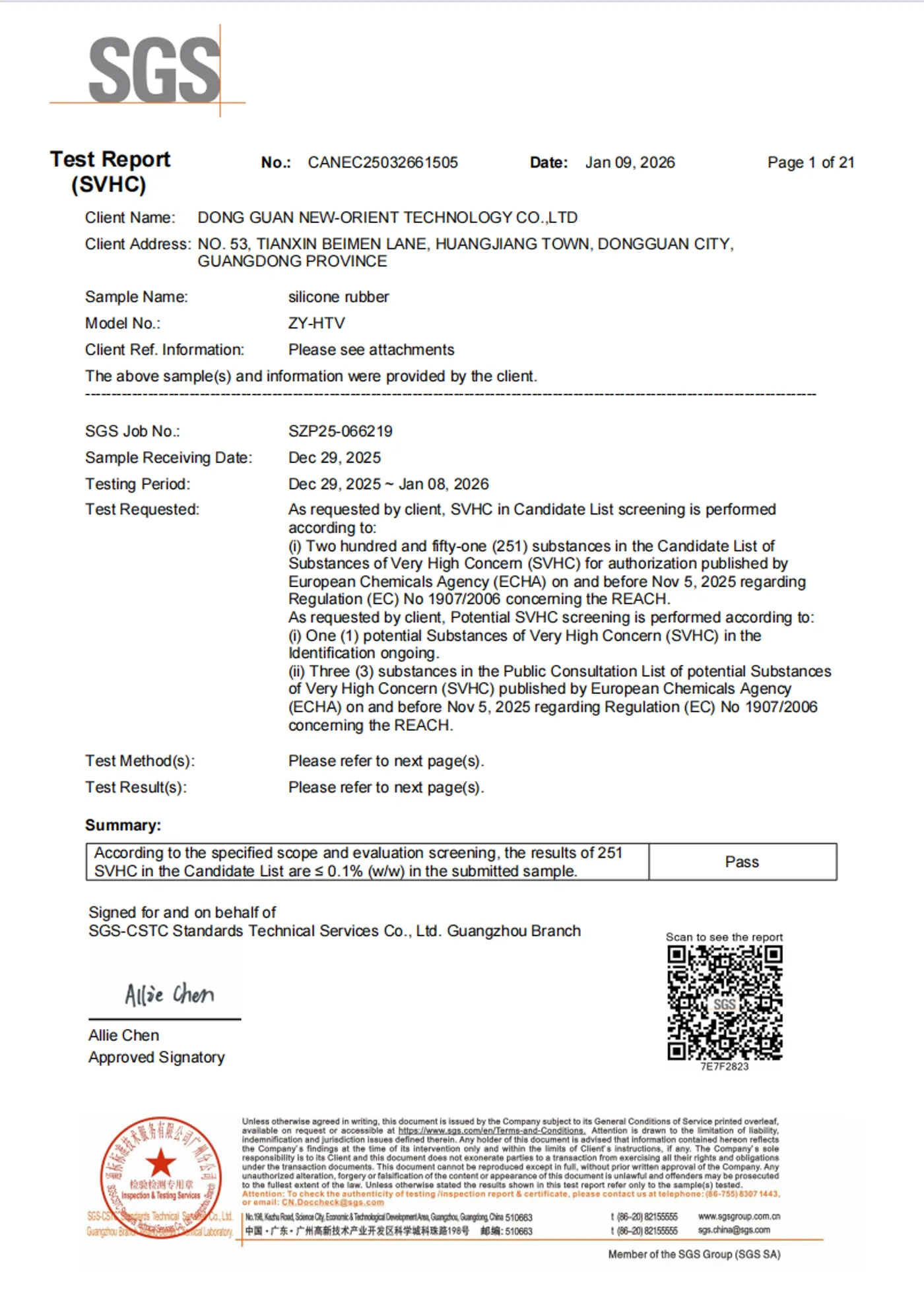REACH test report for mixed silicone rubber compound