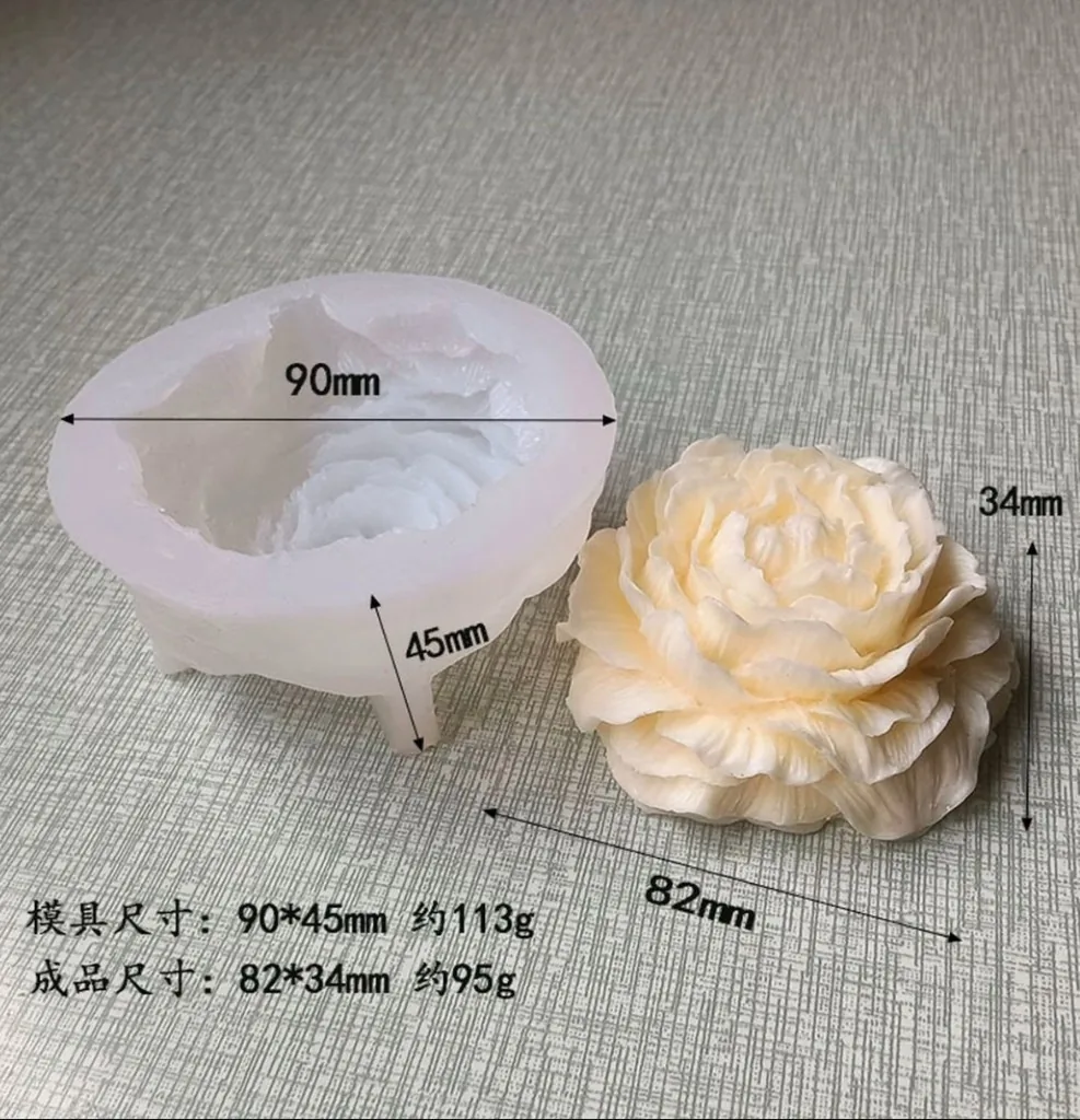 Custom flower silicone mold beside finished flower piece with outer size 90 by 45 mm